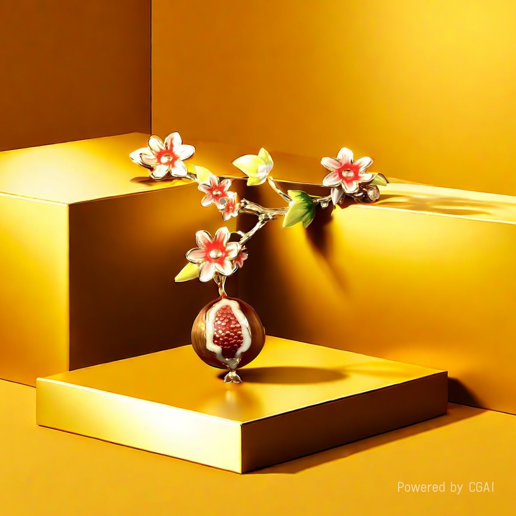 【SUGEBEINI】 Enamel Flower Branch Pomegranate Brooch with tender pink flower branches and plump pomegranate, exuding a strong Chinese atmosphere ZX00016 details Picture