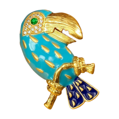 【SUGEBEINI】 Blue and gold contrasting toucan brooch with gilded and diamond-encrusted retro tropical feel ZX00055 Item Picture