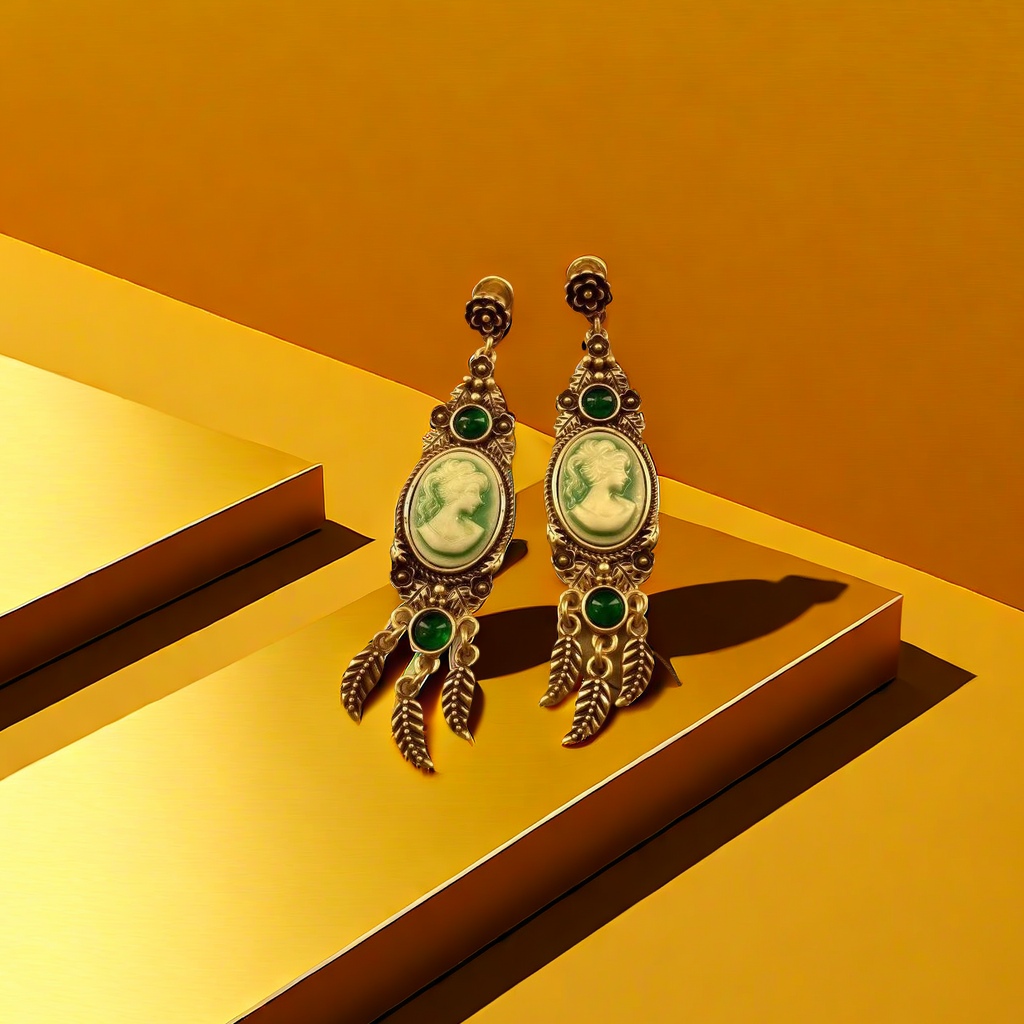 【SUGEBEINI】 Retro Victorian-style green beauty Head earrings, Emerald relief Lady long earrings ZEH00136 details Picture