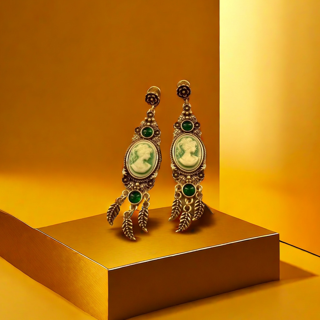 【SUGEBEINI】 Retro Victorian-style green beauty Head earrings, Emerald relief Lady long earrings ZEH00136 Specification image