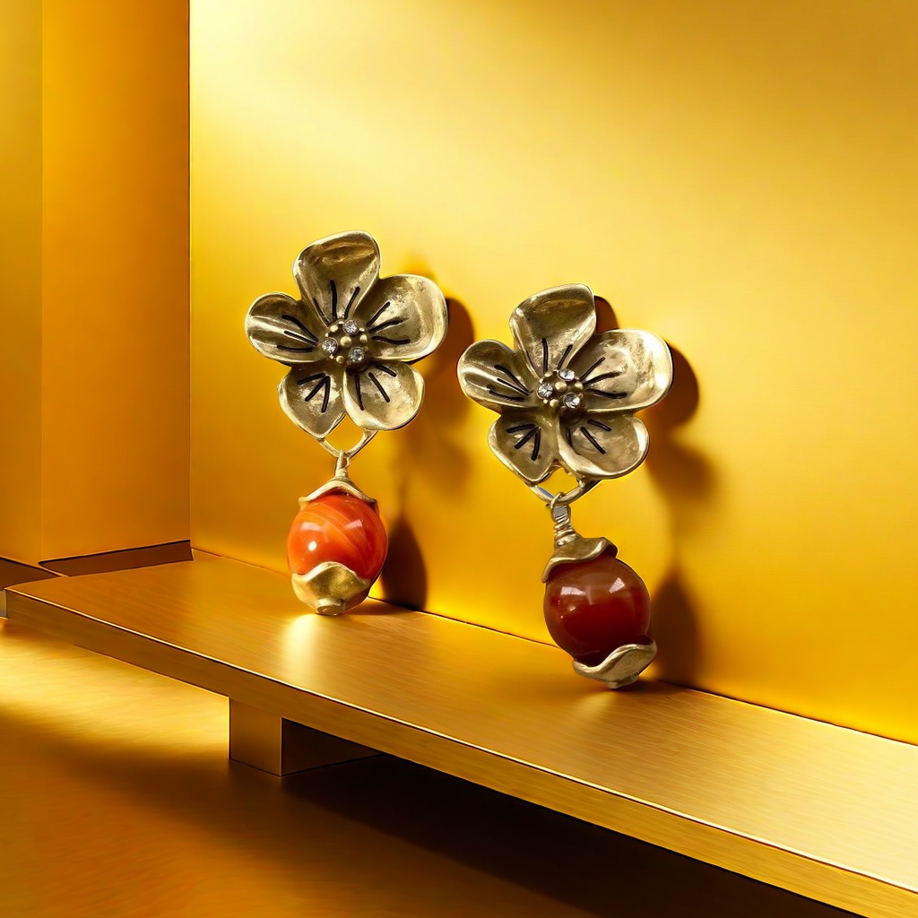 【SUGEBEINI】 French court-style caramel agate vintage earrings, vintage golden flower earrings ZEH00145 details Picture