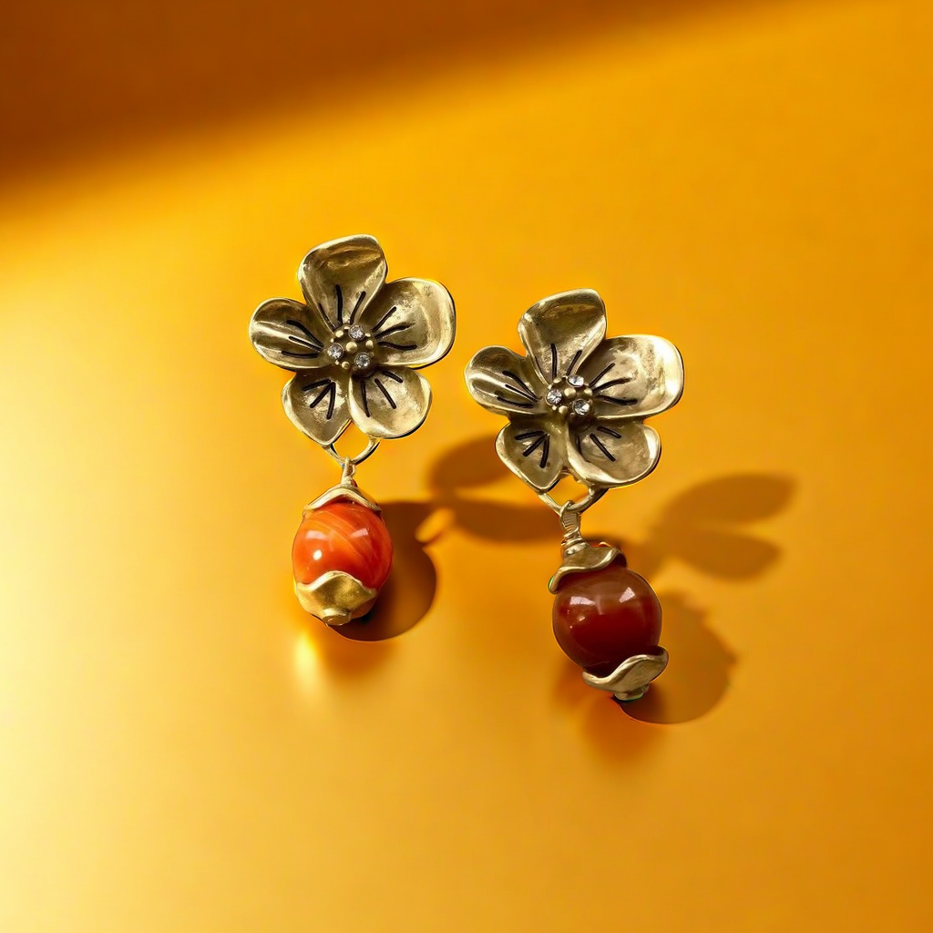 【SUGEBEINI】 French court-style caramel agate vintage earrings, vintage golden flower earrings ZEH00145 Specification image