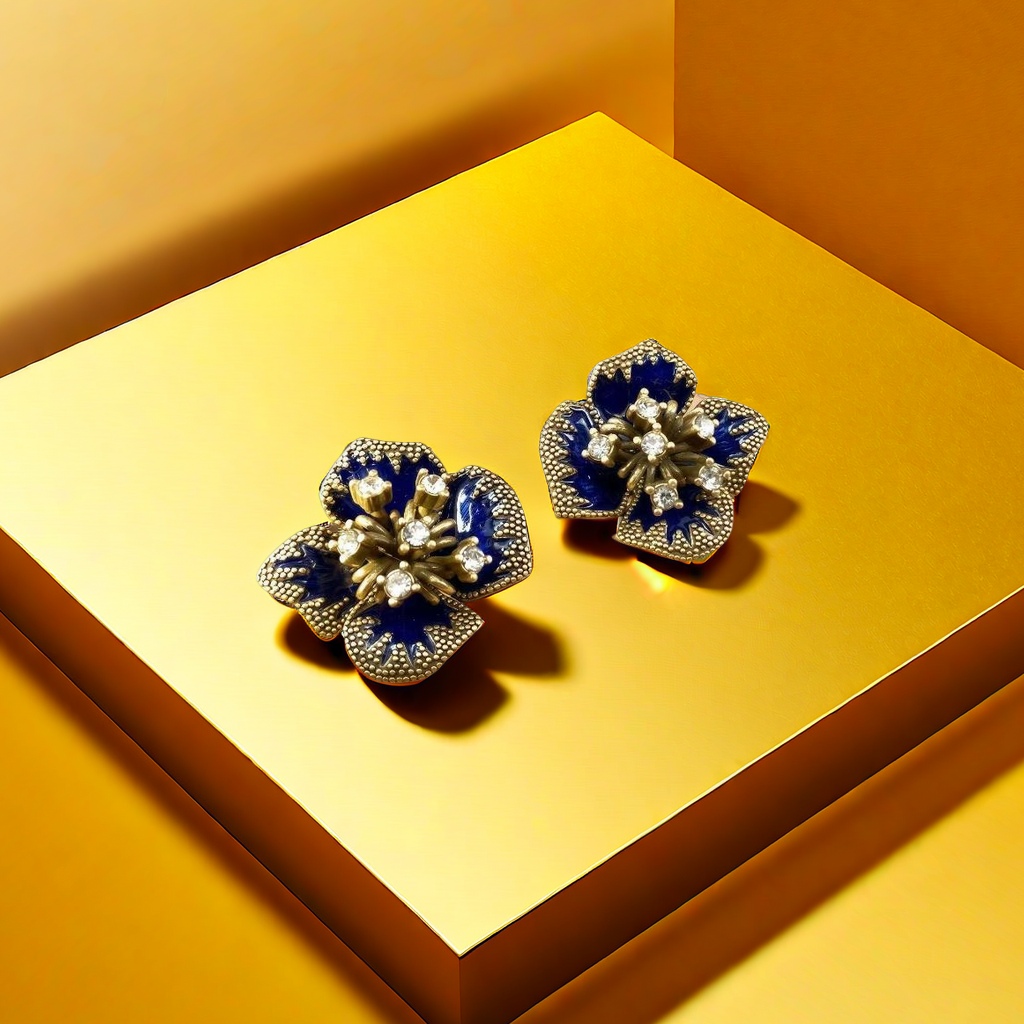 【SUGEBEINI】 Deep Sea Blue Enamel Cluster Vintage Earrings, Enamel Diamond Vintage Earrings, Orchid Gilt Flower ZEH00172 details Picture