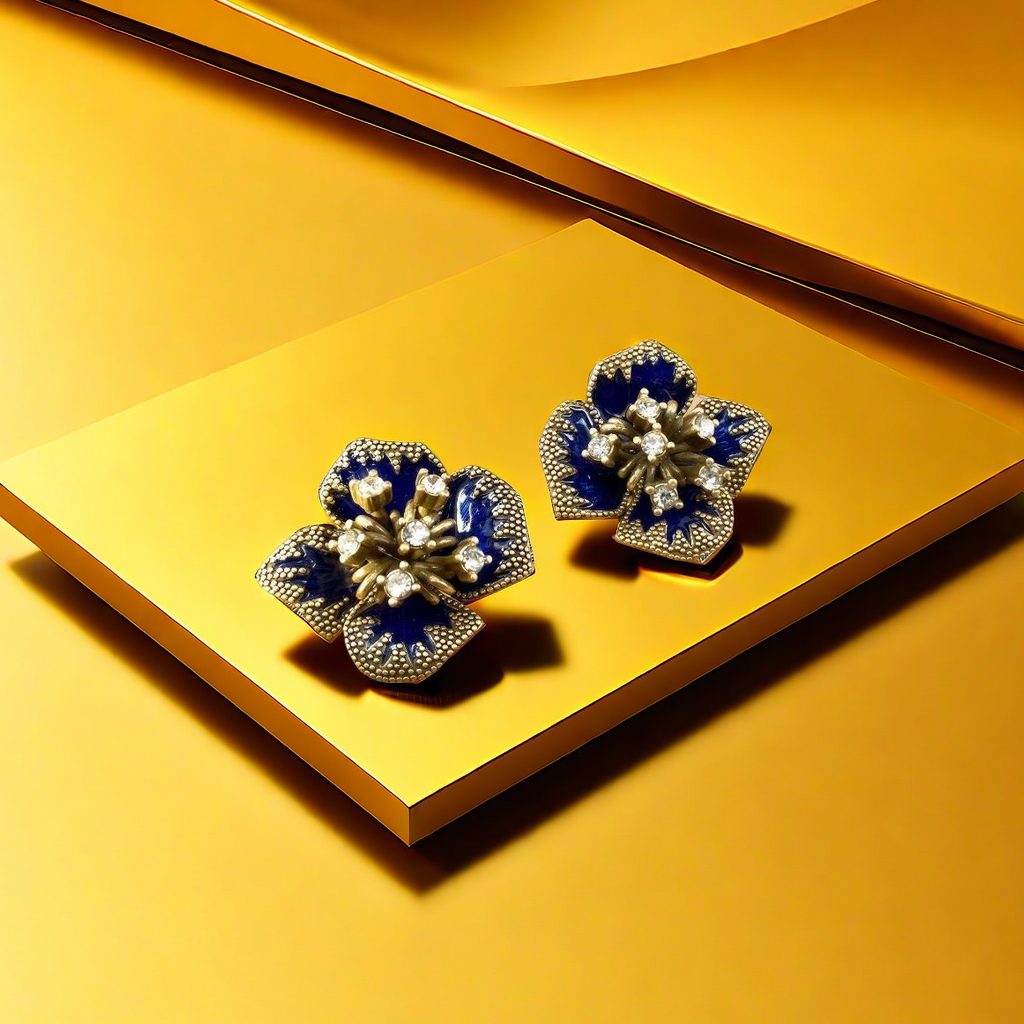 【SUGEBEINI】 Deep Sea Blue Enamel Cluster Vintage Earrings, Enamel Diamond Vintage Earrings, Orchid Gilt Flower ZEH00172 Specification image
