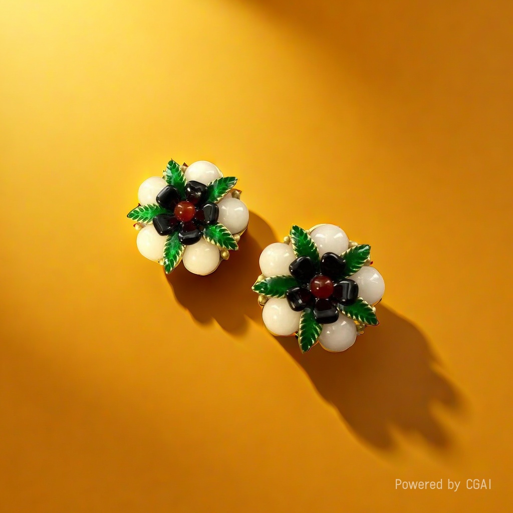 【SUGEBEINI】 Retro stud earrings with white beads, black petals and red core, color-blocking enamel earrings ZEH00190 Specification image