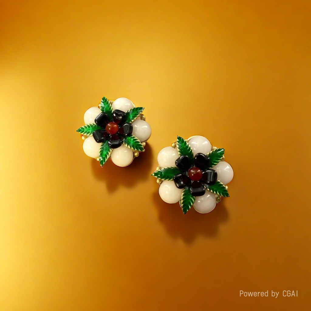 【SUGEBEINI】 Retro stud earrings with white beads, black petals and red core, color-blocking enamel earrings ZEH00190 details Picture