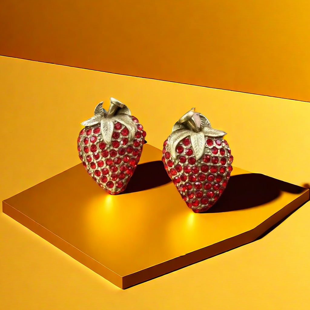 【SUGEBEINI】 Retro red strawberry stud earrings with a sweet and cool style, vintage full-diamond strawberry ZEH00193 details Picture