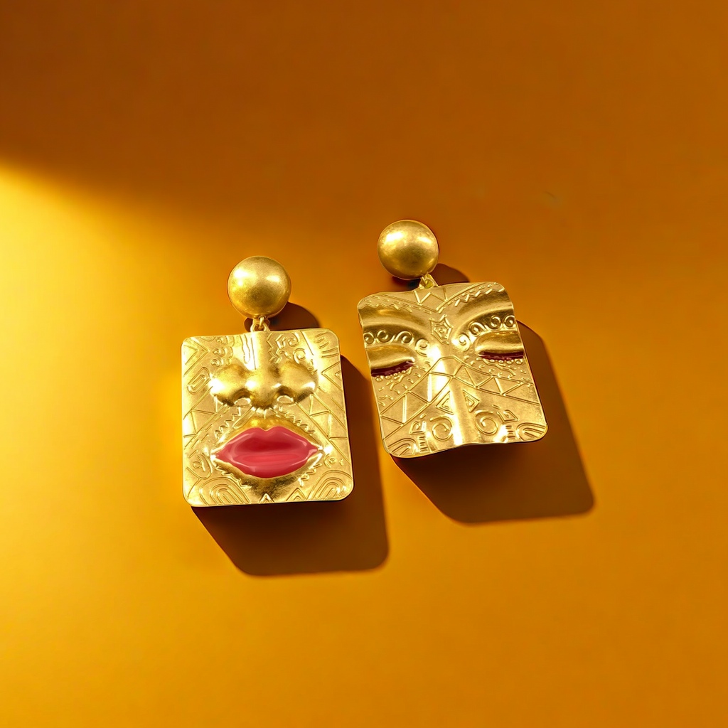 【SUGEBEINI】 European and American retro style fashionable facial features and face relief, unique French style geometric asymmetrical earrings ZEH00267 Specification image