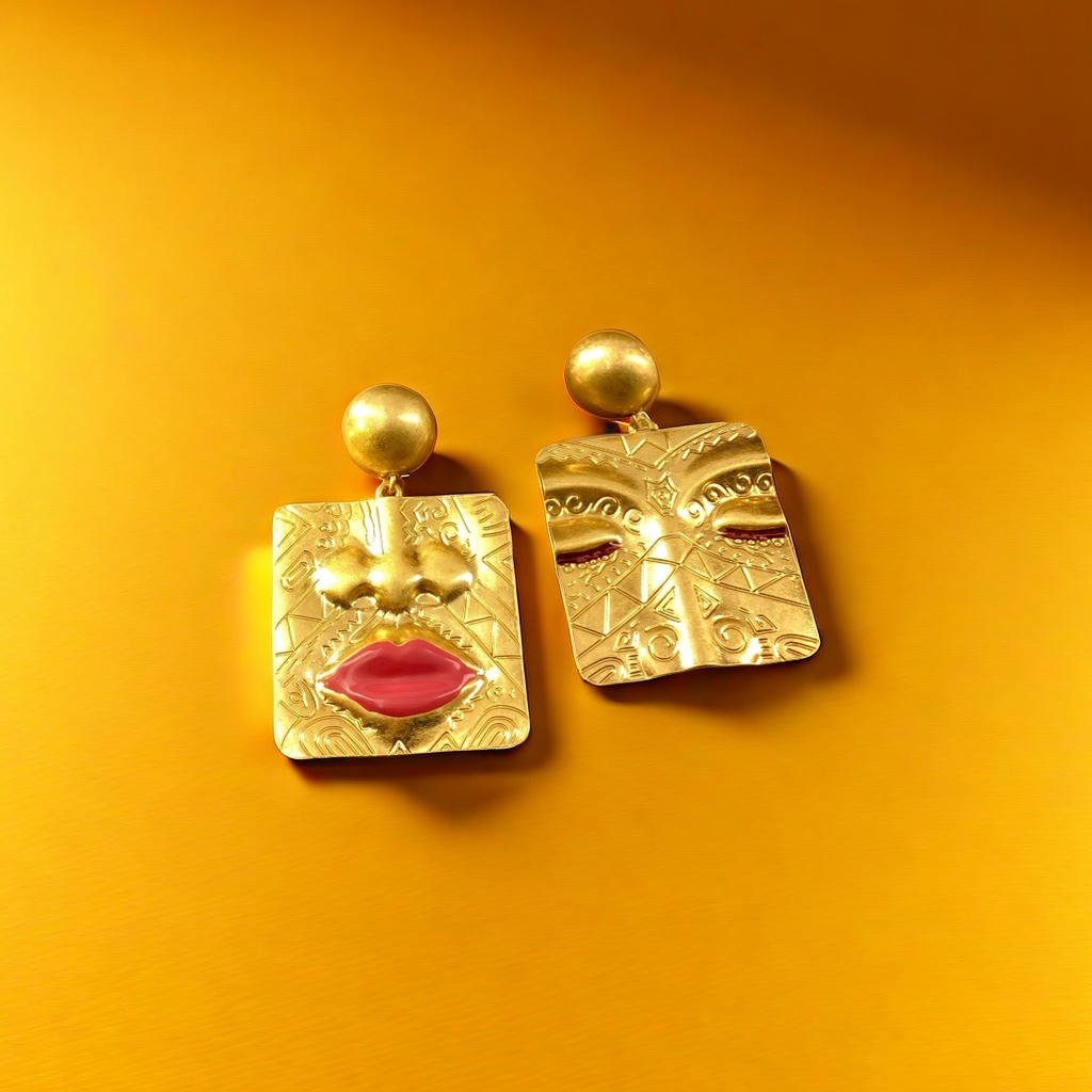 【SUGEBEINI】 European and American retro style fashionable facial features and face relief, unique French style geometric asymmetrical earrings ZEH00267 details Picture