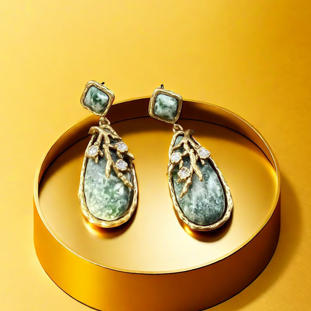 【SUGEBEINI】 New Chinese-style high-end and elegant water drop stone stud earrings, European and American retro style leaf relief stud earrings ZEH00276 details Picture
