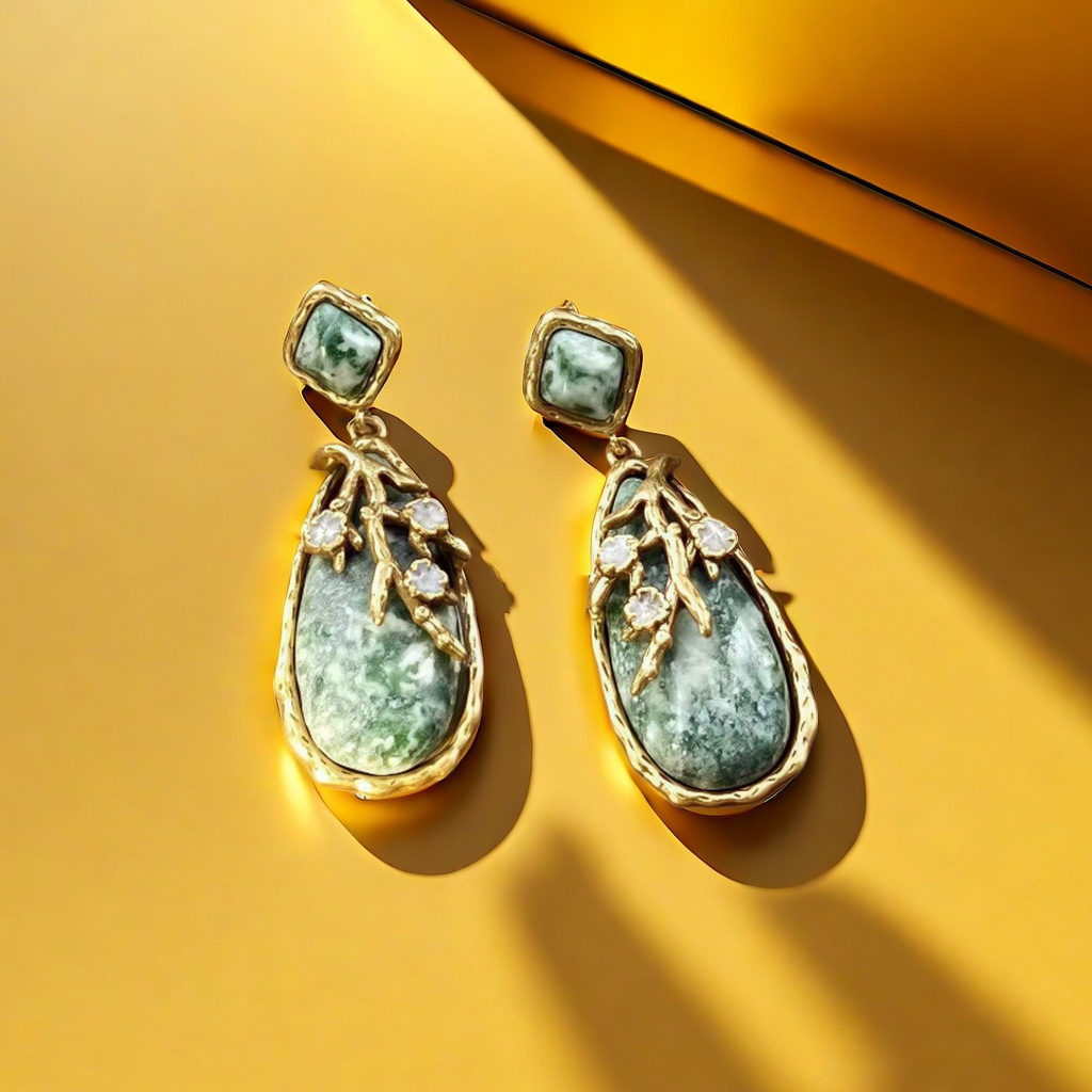 【SUGEBEINI】 New Chinese-style high-end and elegant water drop stone stud earrings, European and American retro style leaf relief stud earrings ZEH00276 Specification image