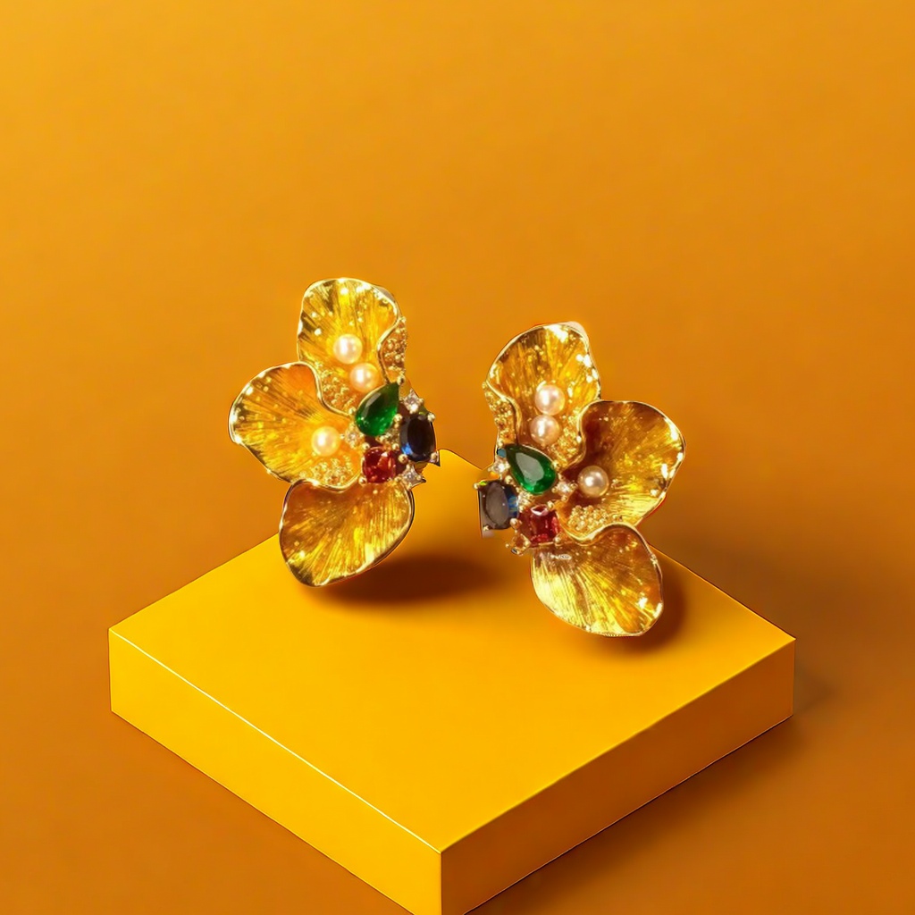 【SUGEBEINI】 Retro high-end, light luxury, Chinese-style stud earrings with a court style, slightly inset zircon petal stud earrings ZEH00310 Specification image