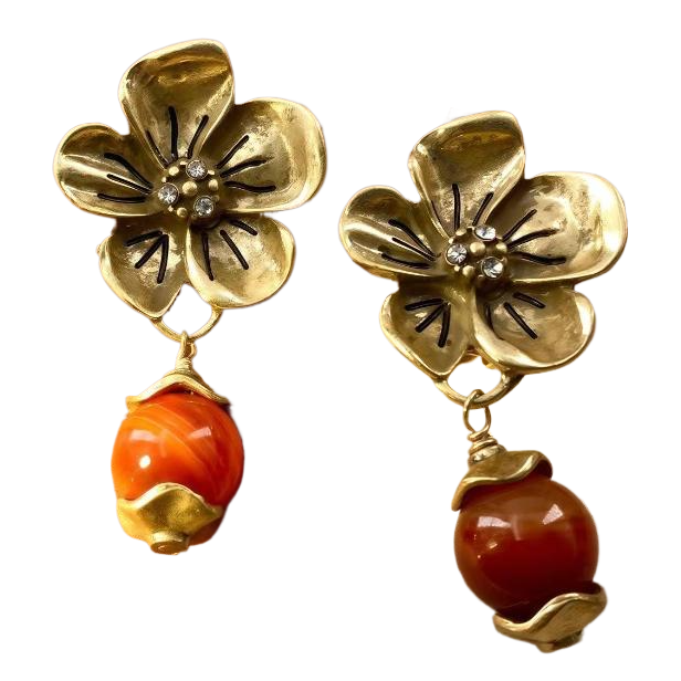 【SUGEBEINI】 French court-style caramel agate vintage earrings, vintage golden flower earrings ZEH00145 Item Picture