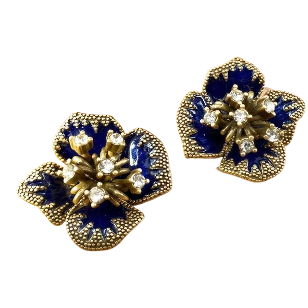 【SUGEBEINI】 Deep Sea Blue Enamel Cluster Vintage Earrings, Enamel Diamond Vintage Earrings, Orchid Gilt Flower ZEH00172 Item Picture