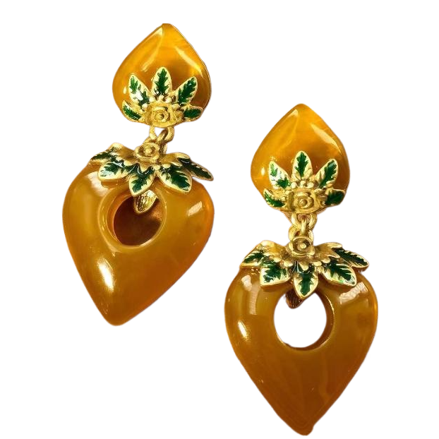 【SUGEBEINI】 Vintage Amber Yellow vintage flower Leaf hollowed-out earrings Amber Yellow flower leaf earrings ZEH00186 Item Picture