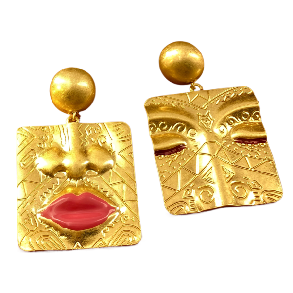 【SUGEBEINI】 European and American retro style fashionable facial features and face relief, unique French style geometric asymmetrical earrings ZEH00267 Item Picture