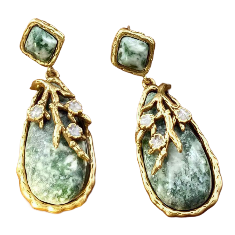 【SUGEBEINI】 New Chinese-style high-end and elegant water drop stone stud earrings, European and American retro style leaf relief stud earrings ZEH00276 Item Picture