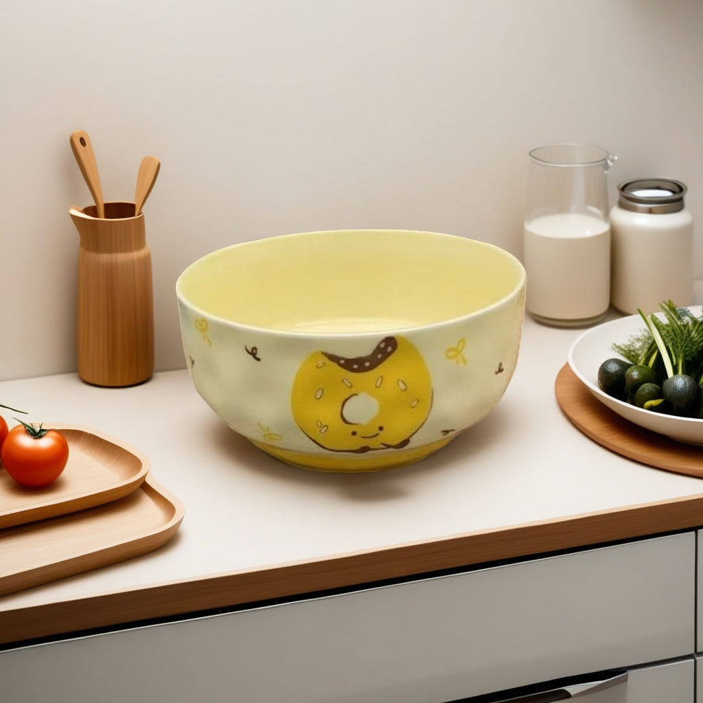 Yellow donut-shaped pattern bowl, breakfast tableware, cute cartoon rice bowl, household ceramic bowl Application Scenario