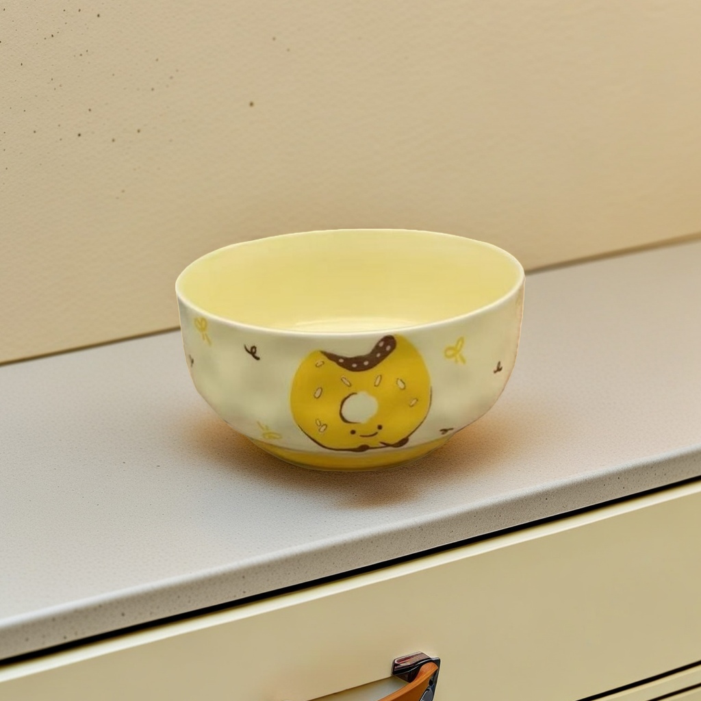 Yellow donut-shaped pattern bowl, breakfast tableware, cute cartoon rice bowl, household ceramic bowl details Picture