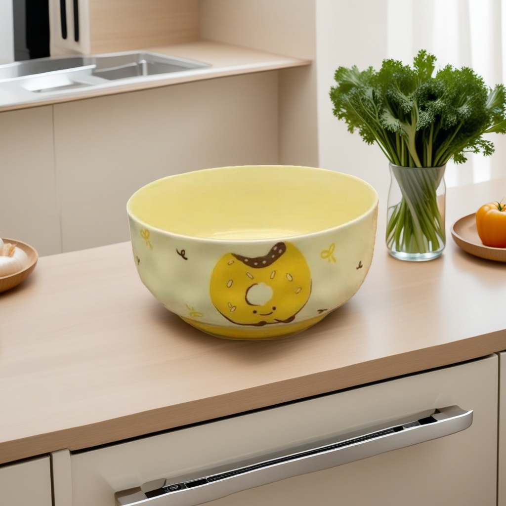 Yellow donut-shaped pattern bowl, breakfast tableware, cute cartoon rice bowl, household ceramic bowl Specification image