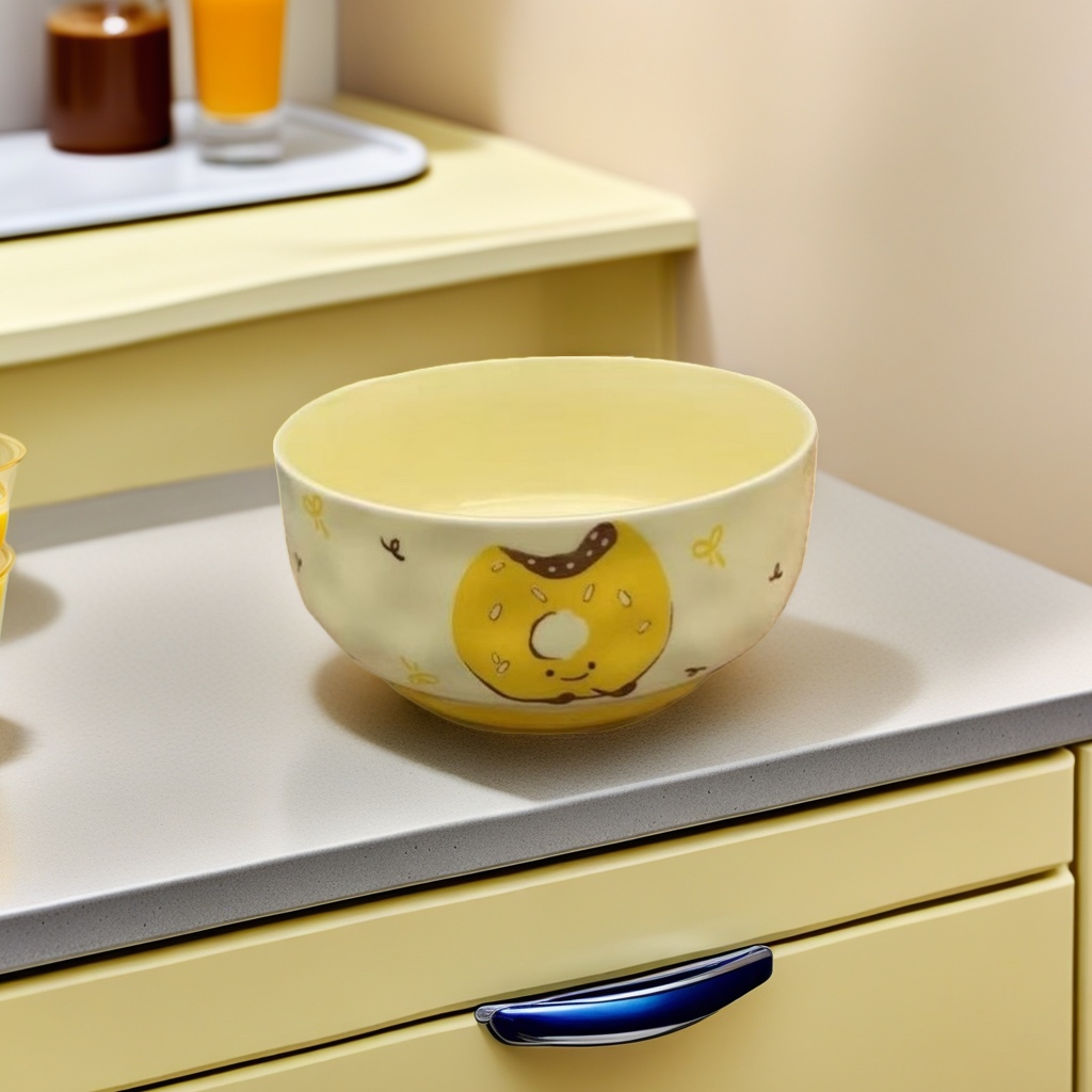 Yellow donut-shaped pattern bowl, breakfast tableware, cute cartoon rice bowl, household ceramic bowl
