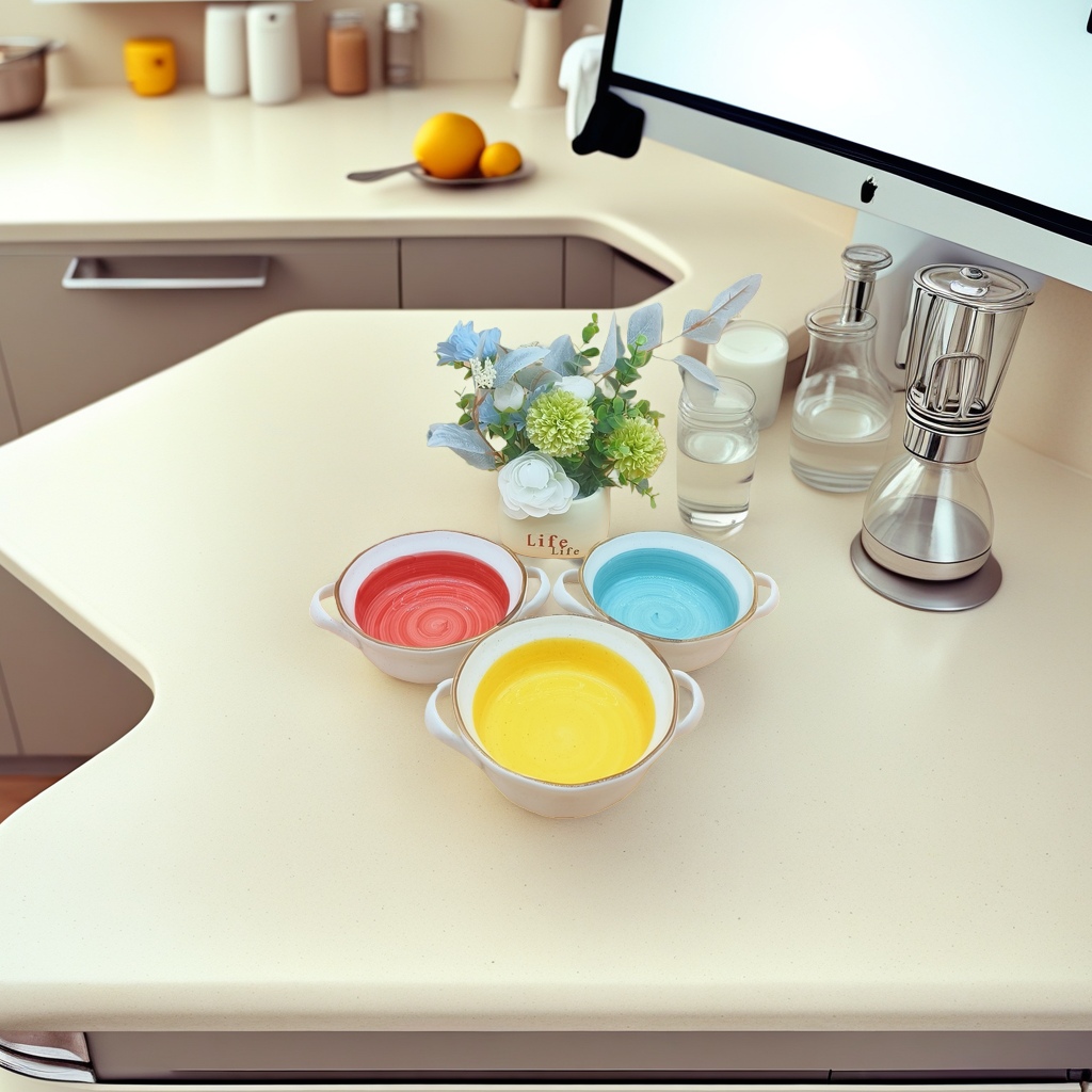 Three colored ceramic bowls, red, blue and yellow with handles, decorative vases, household tableware Application Scenario