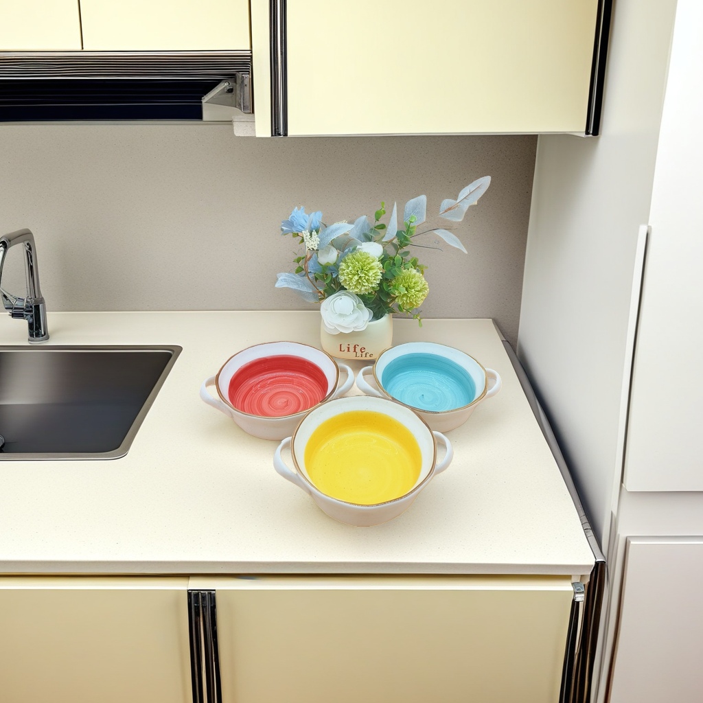 Three colored ceramic bowls, red, blue and yellow with handles, decorative vases, household tableware details Picture