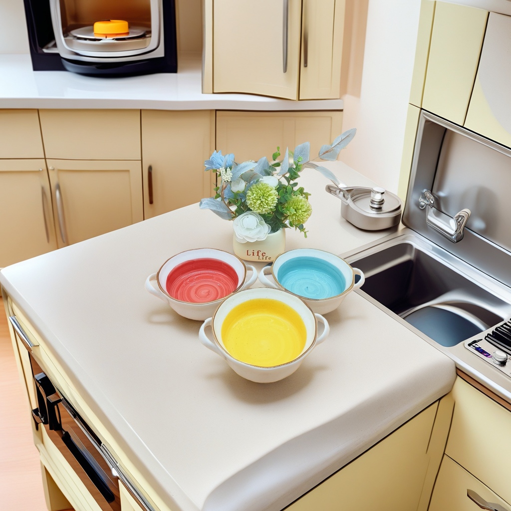Three colored ceramic bowls, red, blue and yellow with handles, decorative vases, household tableware