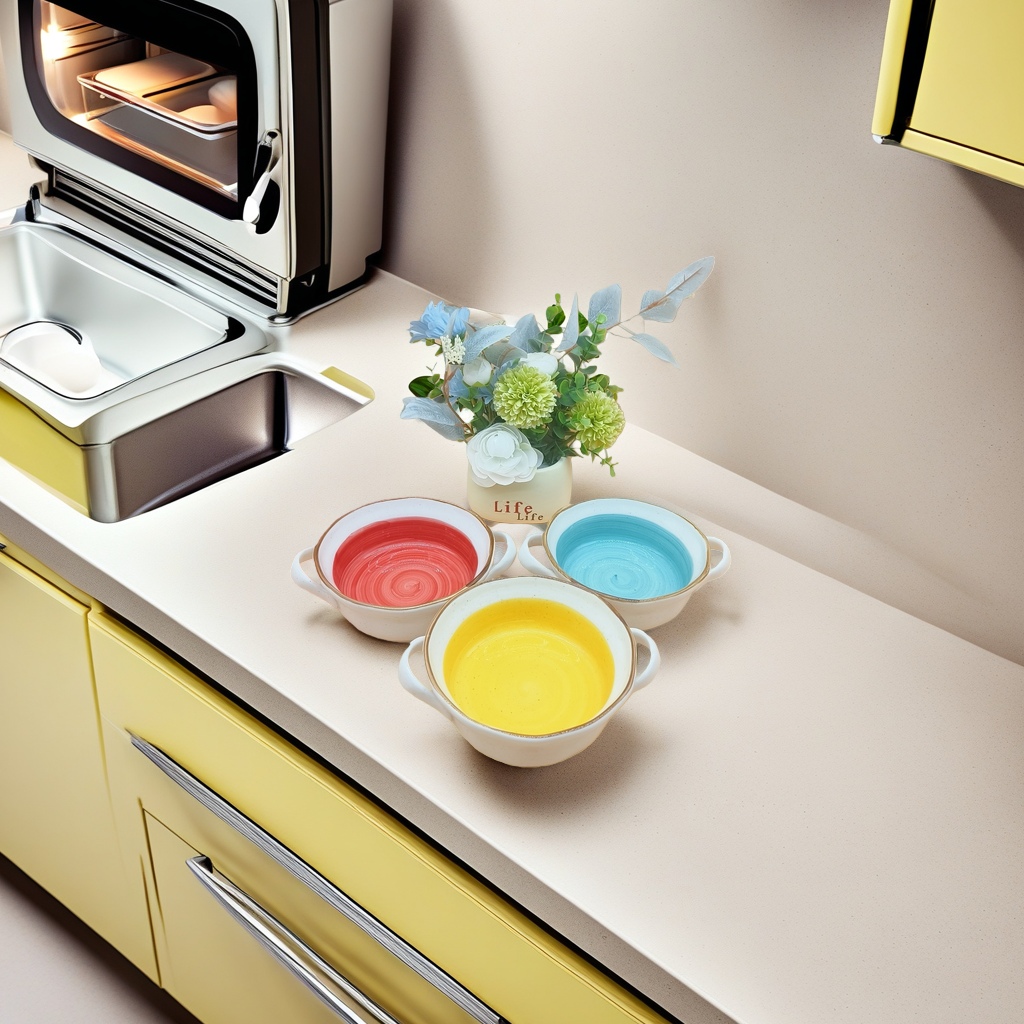 Three colored ceramic bowls, red, blue and yellow with handles, decorative vases, household tableware Specification image