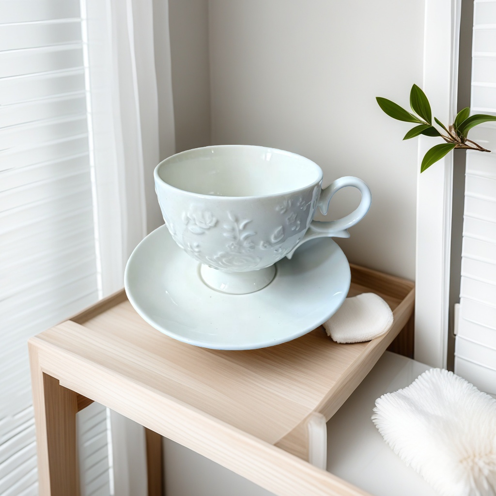 The white ceramic coffee cup and saucer set is simple, elegant and modern. It features ceramic coffee cups for daily use at home Specification image