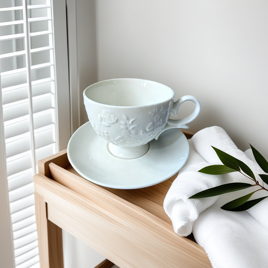 The white ceramic coffee cup and saucer set is simple, elegant and modern. It features ceramic coffee cups for daily use at home details Picture