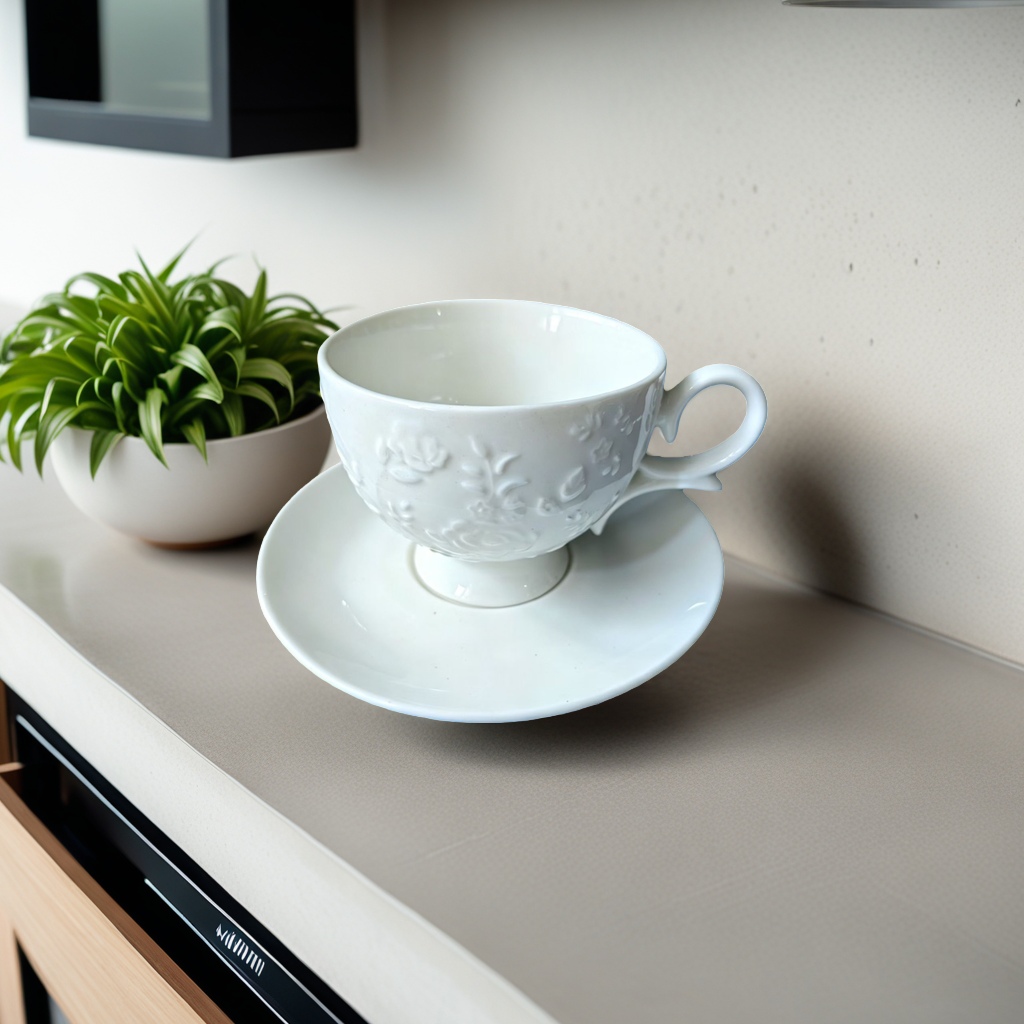 The white ceramic coffee cup and saucer set is simple, elegant and modern. It features ceramic coffee cups for daily use at home Application Scenario