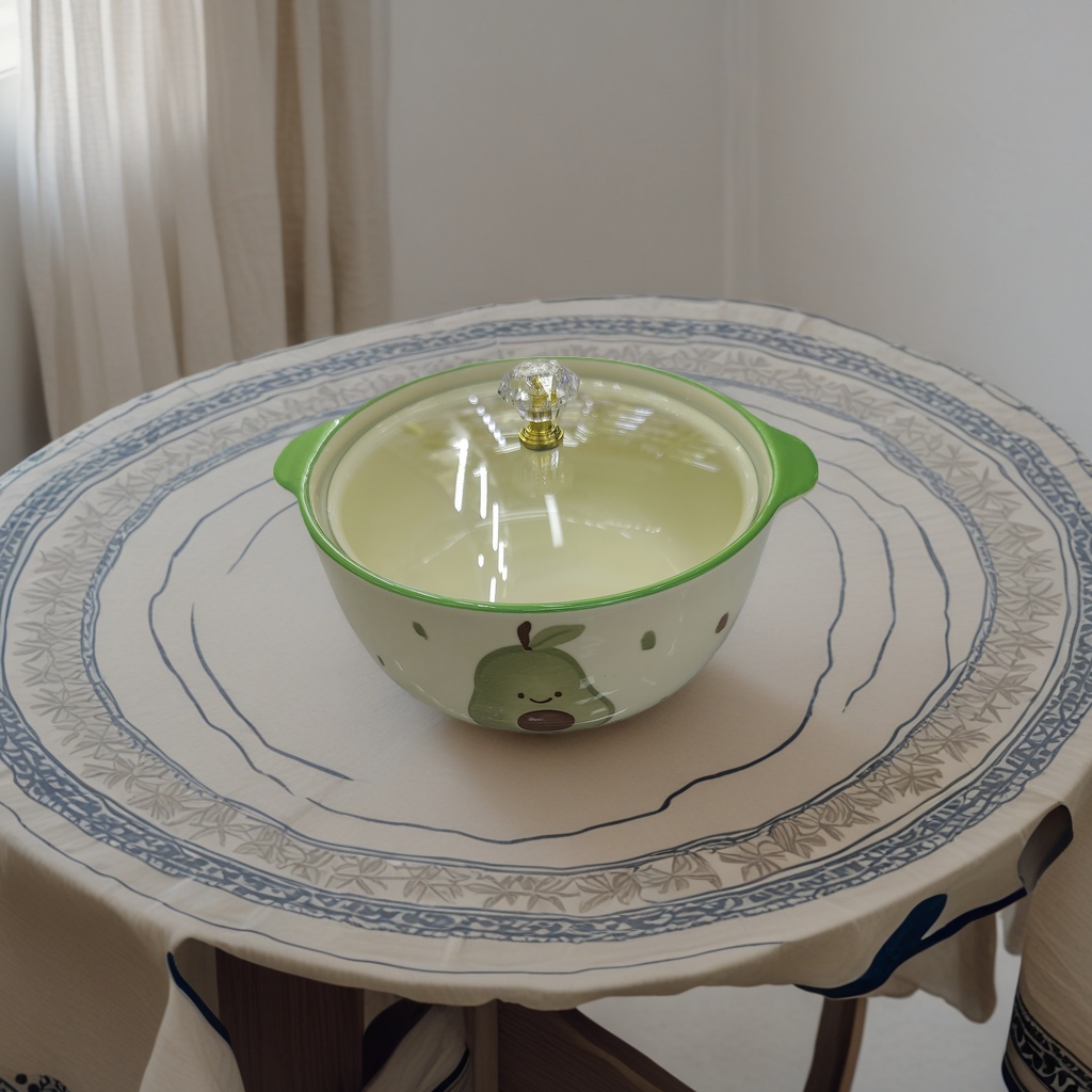 This green-framed ceramic pot with a pear pattern is durable and non-stick, ensuring healthy cooking details Picture