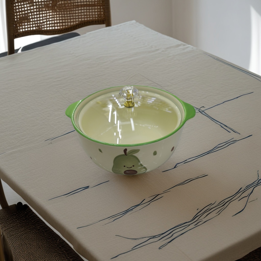 绿色边框带梨图案陶瓷锅耐用防粘不粘锅健康烹饪