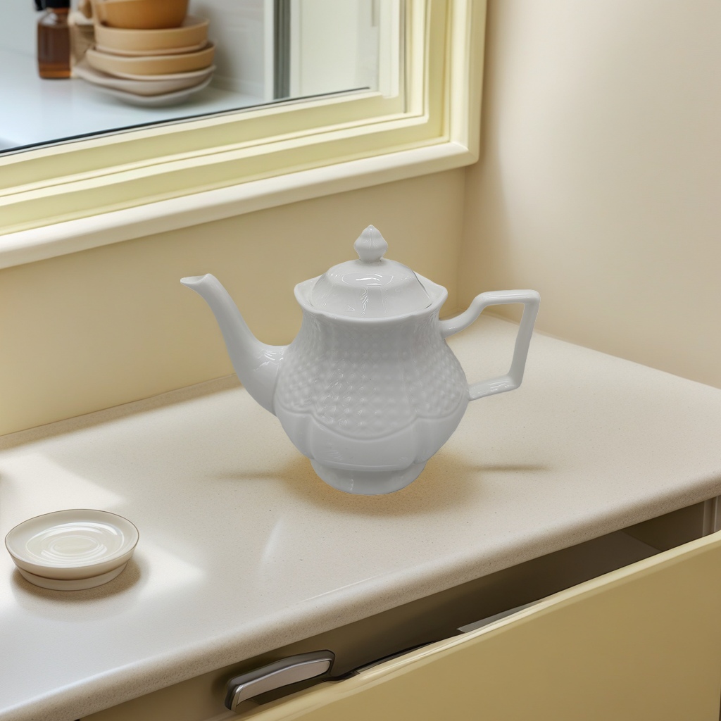 White ceramic teapot, a daily household teapot for brewing, a warm tea set, and a family teapot