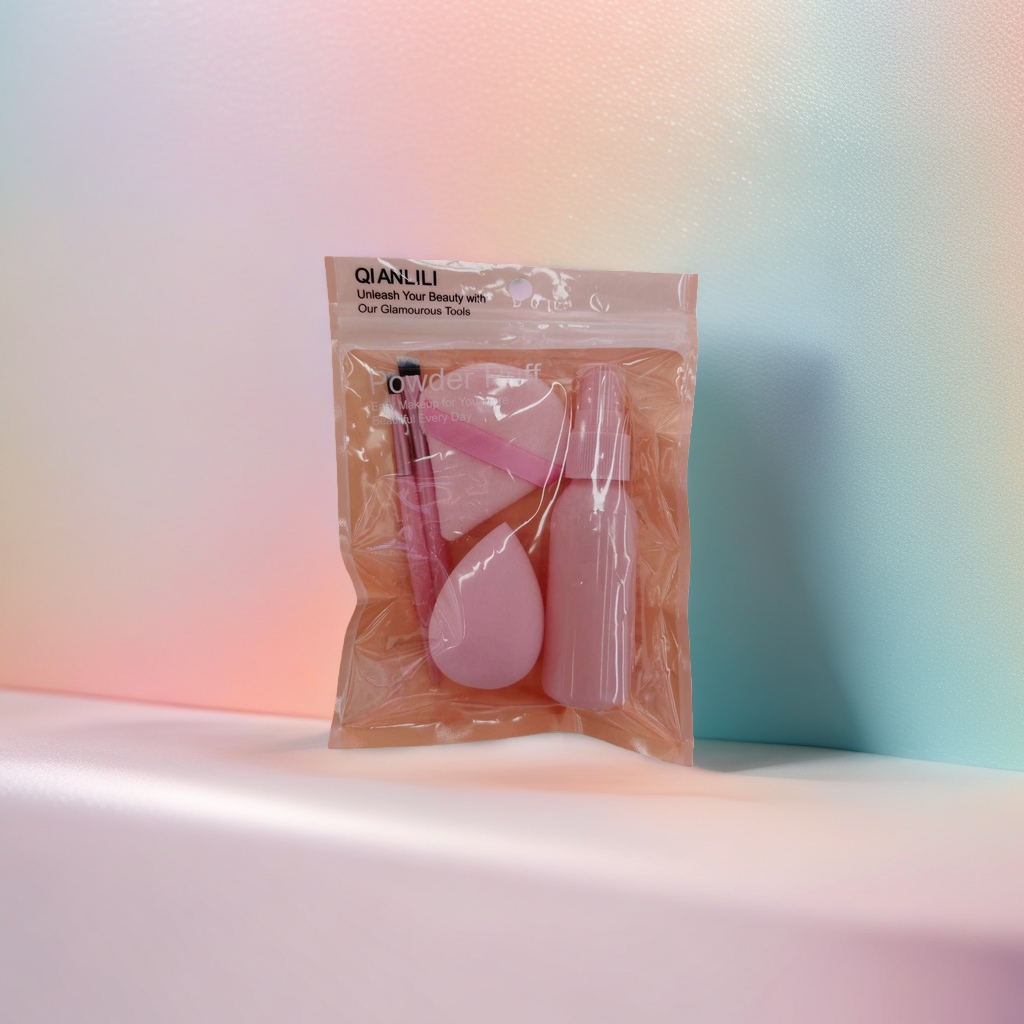 Pink makeup tool set: Powder puff, makeup brush, spray bottle 111714754 Specification image
