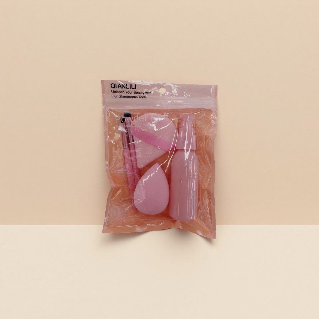 Pink makeup tool set: Powder puff, makeup brush, spray bottle 111714754