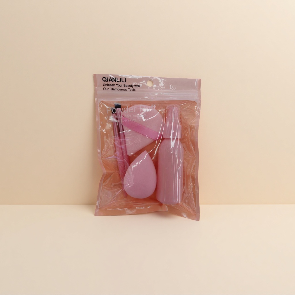 Pink makeup tool set: Powder puff, makeup brush, spray bottle 111714754 details Picture
