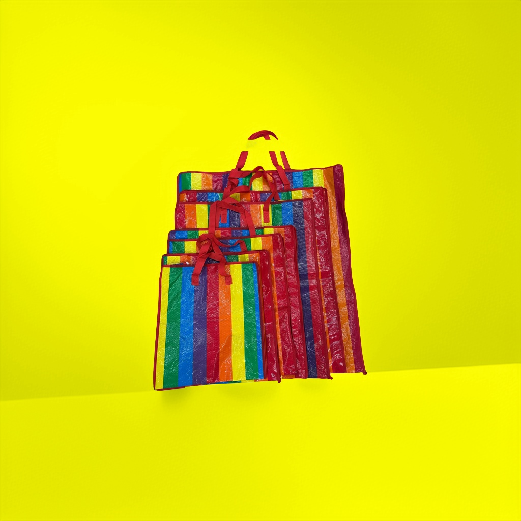 Rainbow striped PP woven bag storage bag, large capacity, reusable, dust-proof and moisture-proof Application Scenario