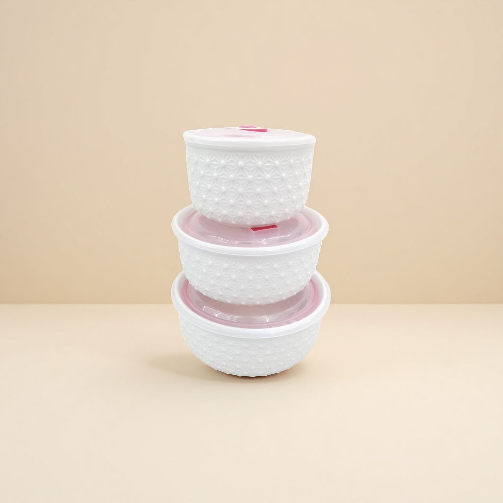 White storage bowl set with pink lid, ceramic bowl, fresh-keeping bowl, food storage bowl Application Scenario