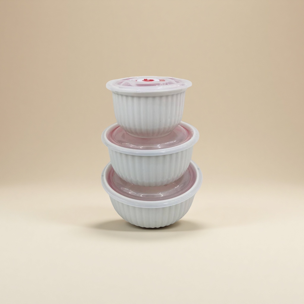白色带粉色盖子储物碗套装陶瓷碗保鲜碗食品收纳碗
