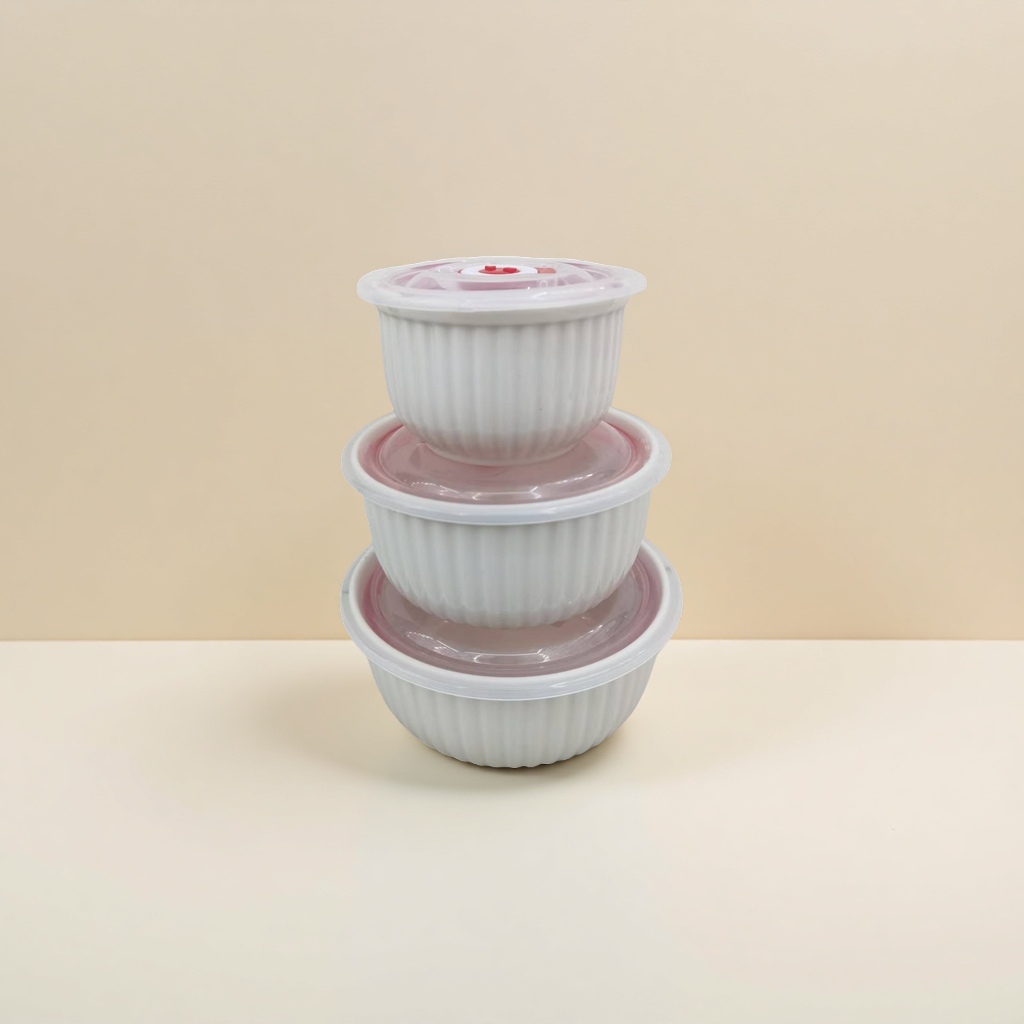 White storage bowl set with pink lid, ceramic bowl, fresh-keeping bowl, food storage bowl details Picture