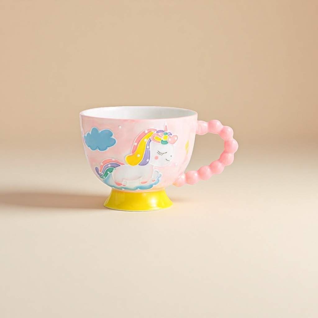 粉色与白色相间陶瓷杯蓝色珠状把手花朵图案杯子陶瓷杯子水杯