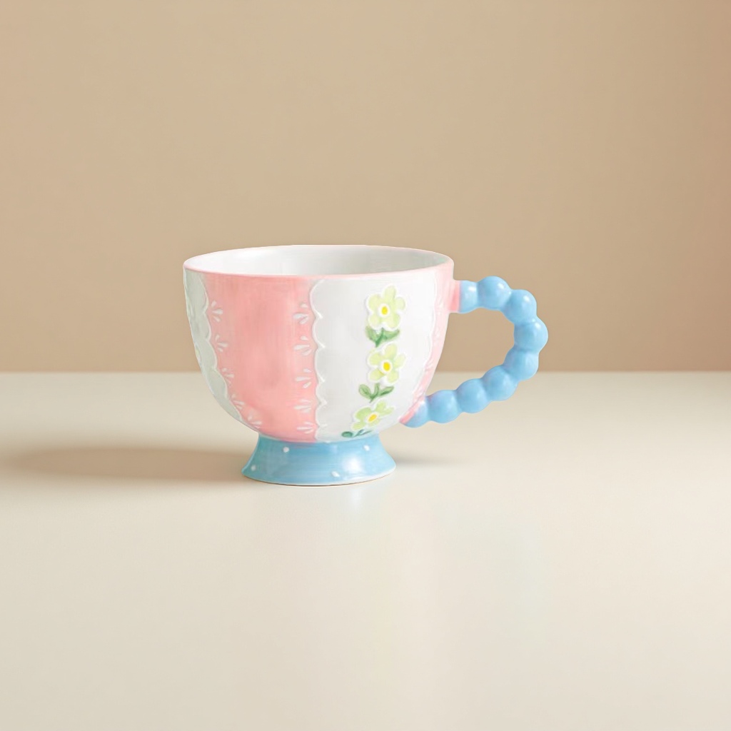 Pink and white ceramic cup, blue bead-shaped handle, flower-patterned ceramic cup, water cup Specification image