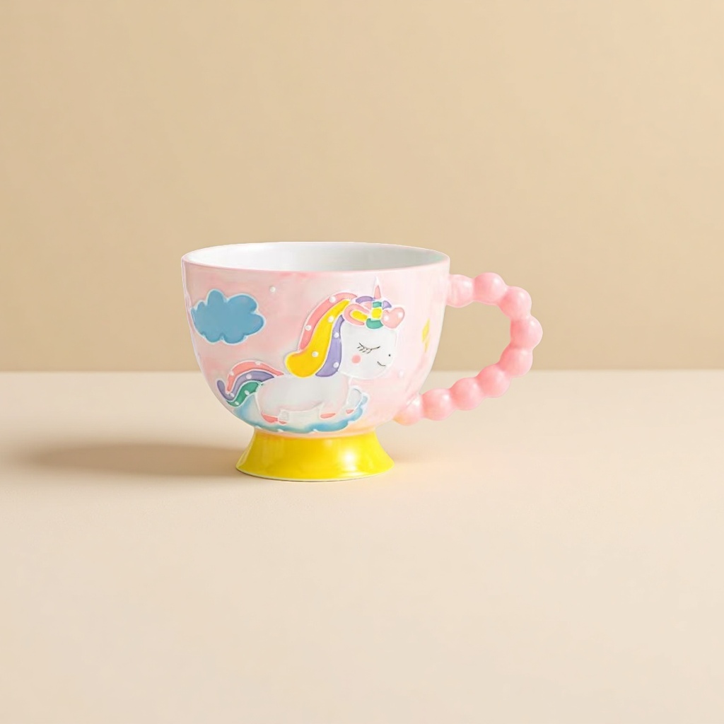 Pink and white ceramic cup, blue bead-shaped handle, flower-patterned ceramic cup, water cup details Picture