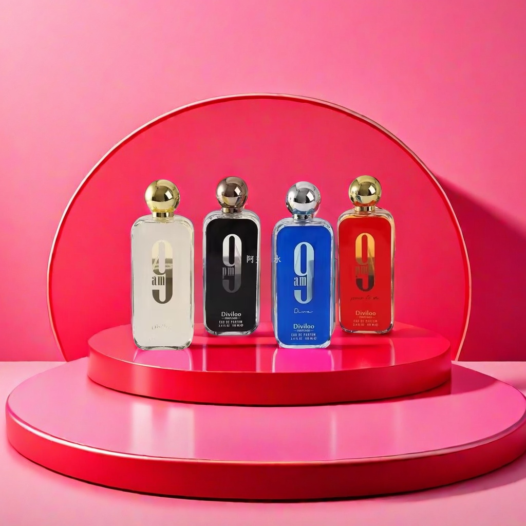 A set of four Diviloo perfume bottles in different colors in a gift box Specification image