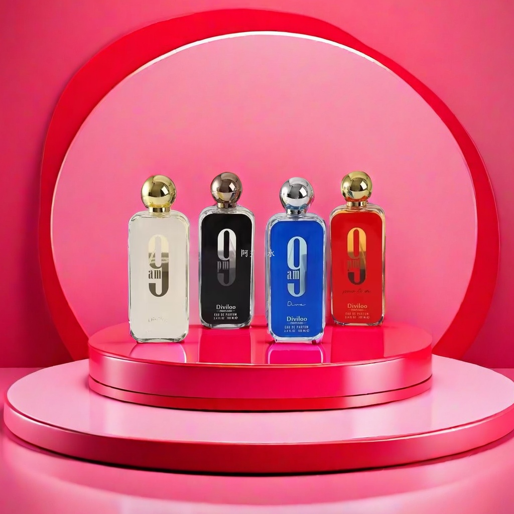 A set of four Diviloo perfume bottles in different colors in a gift box Application Scenario