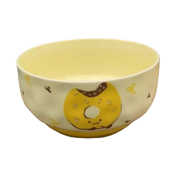 Yellow donut-shaped pattern bowl, breakfast tableware, cute cartoon rice bowl, household ceramic bowl Item Picture