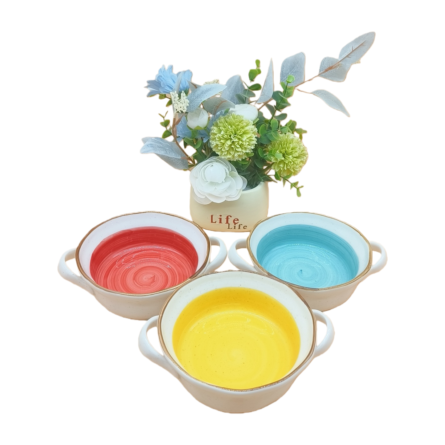 Three colored ceramic bowls, red, blue and yellow with handles, decorative vases, household tableware Item Picture