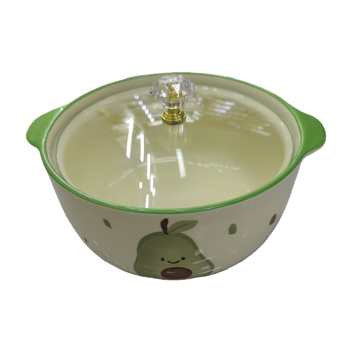 This green-framed ceramic pot with a pear pattern is durable and non-stick, ensuring healthy cooking Item Picture
